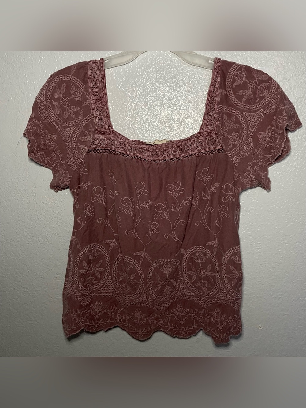 Lucky Brand Dusty Rose Embroidered Square Neck Top SZ: L